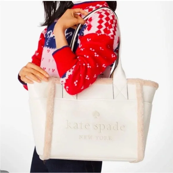 NWT kate spade Jett Faux Shearling Patent Leather Large Tote, Meringue White - Picture 2 of 15